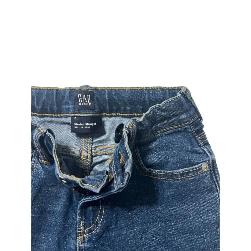 GAP Denim Stretch Straight Jeans Boys Size 7 Distressed Dark Wash Excellent very